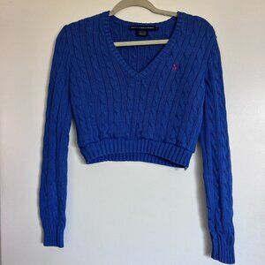 Ralph Lauren V-Neck Blue Sweater with Pink Logo
